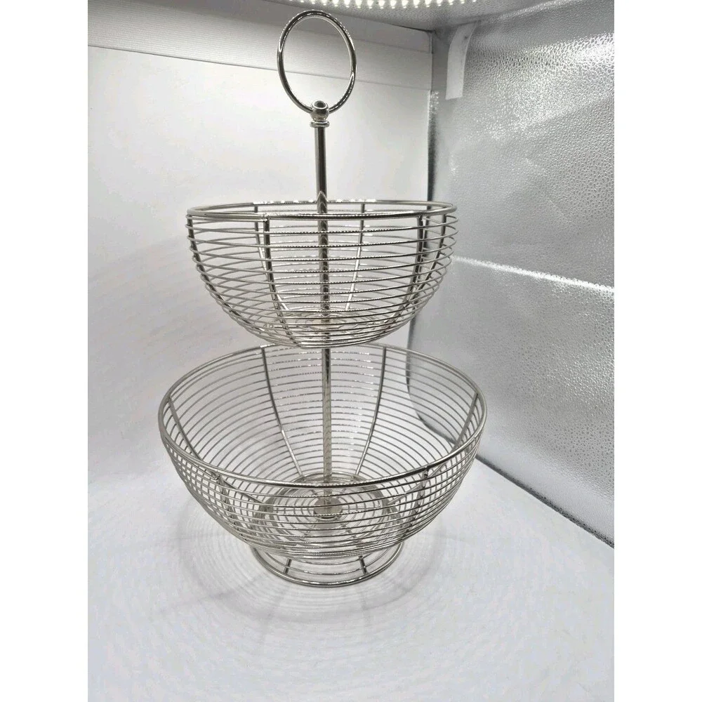 2 Tier Chrome Basket Storage Fruit & Vegetable Round Bowl Kitchen Stand Rack